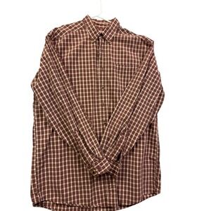 LL Bean Mens LG Tall Red Tan Gingham Check Long Sleeve Button Down Shirt
